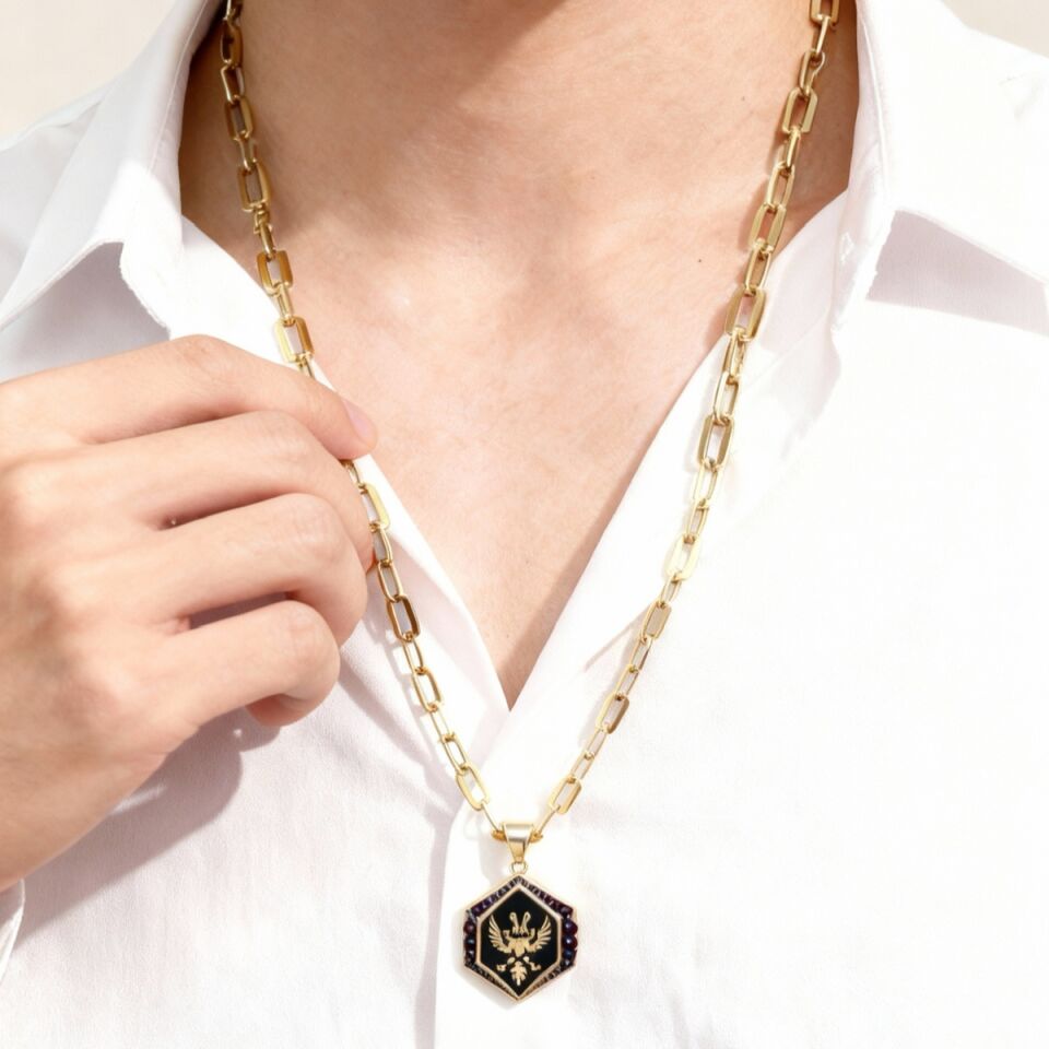 14 AYAR İTALYAN İKİ BAŞLI KARTAL KOLYE UÇLU ATAÇ ZİNCİRLİ ALTIN KOLYE