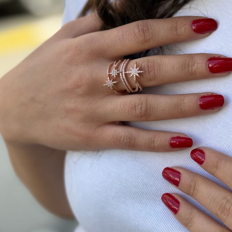 925 AYAR ROSE RENGİ ÖZEL TASARIM KUTUPYILDIZLI GÜMÜŞ YÜZÜK