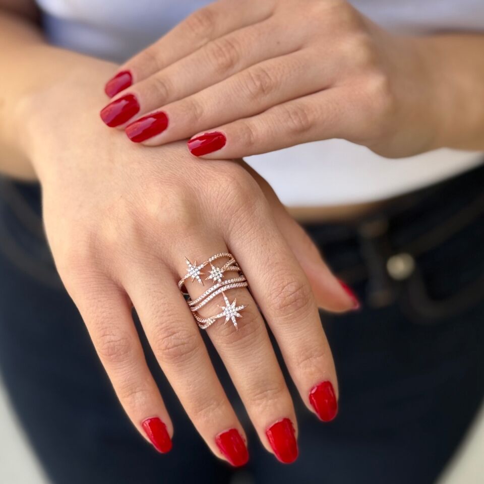 925 AYAR ROSE RENGİ ÖZEL TASARIM KUTUPYILDIZLI GÜMÜŞ YÜZÜK
