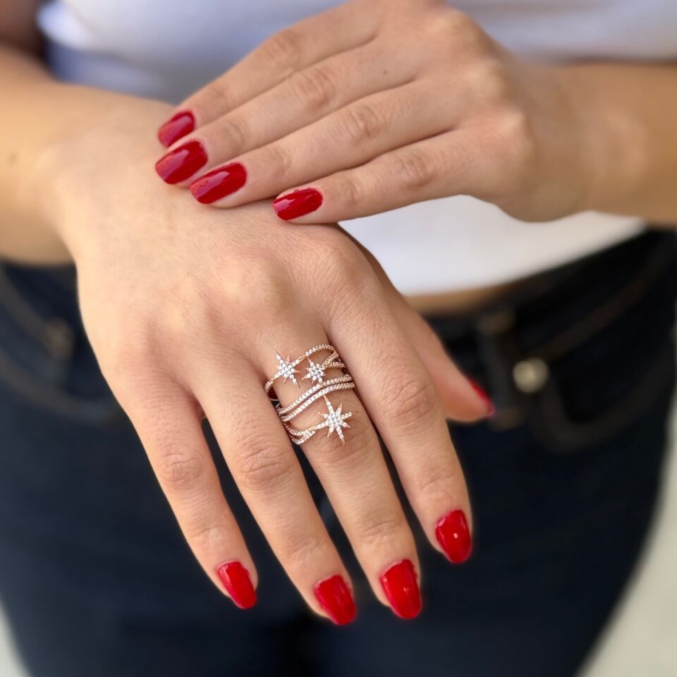 925 AYAR ROSE RENGİ ÖZEL TASARIM KUTUPYILDIZLI GÜMÜŞ YÜZÜK