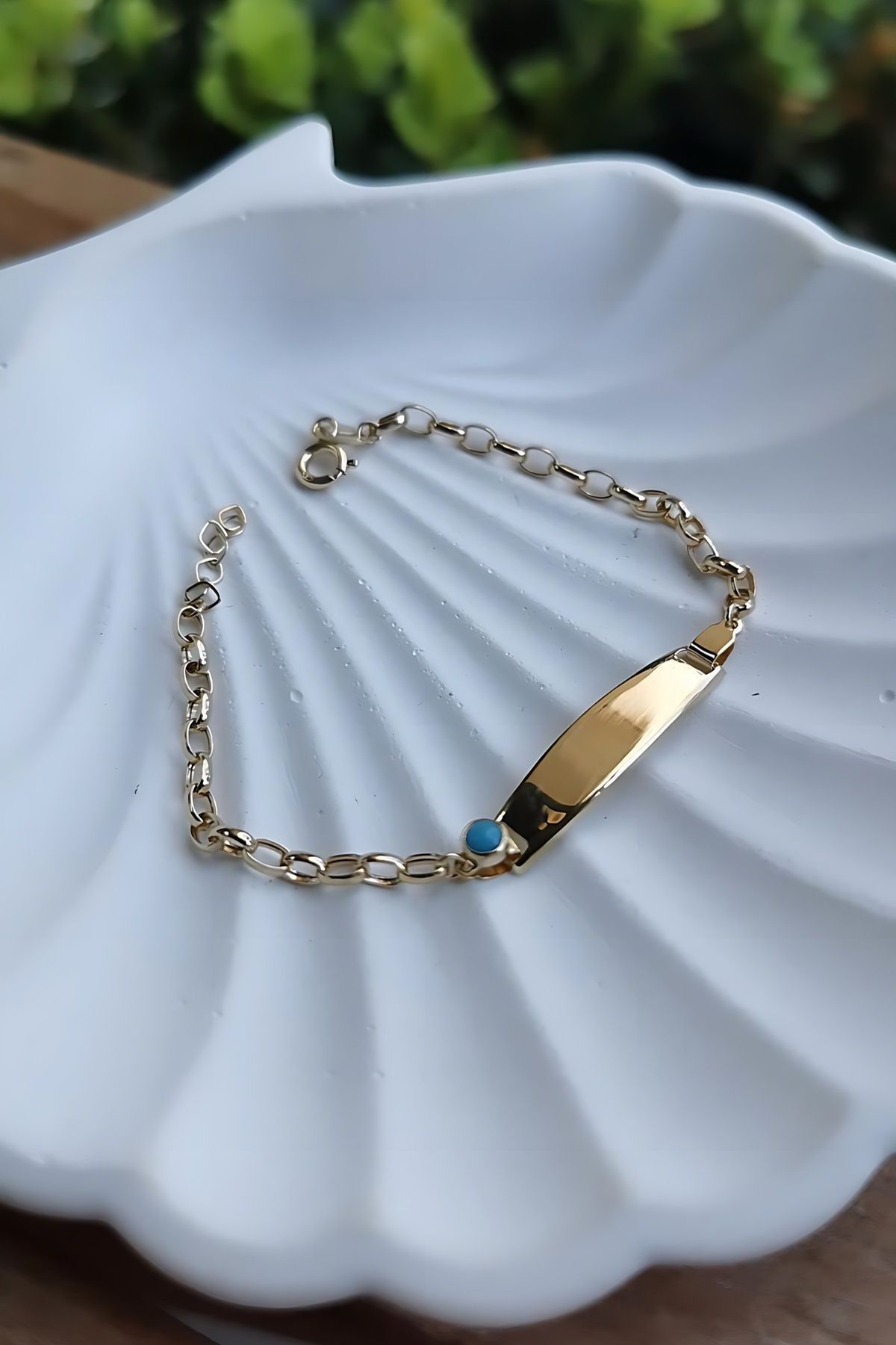 14 Ayar Doc Zincirli Mavi Taşli Çocuk Künye Bileklik