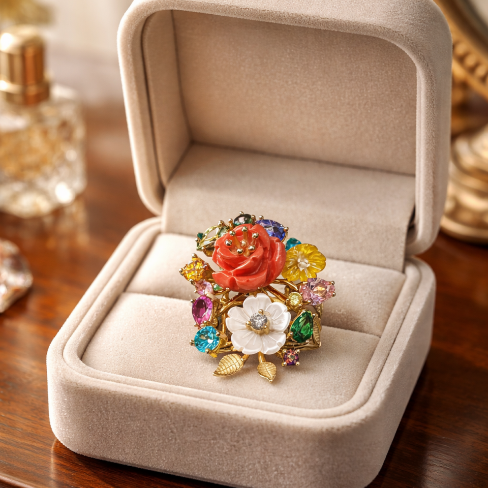 14 AYAR ÖZEL TASARIM İTALYAN ÇİÇEK MOTİFLİ KRİSTAL TAŞLARDAN OLUŞAN ALTIN YÜZÜK