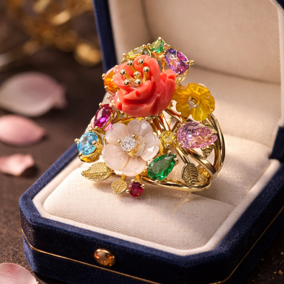 14 AYAR ÖZEL TASARIM İTALYAN ÇİÇEK MOTİFLİ KRİSTAL TAŞLARDAN OLUŞAN ALTIN YÜZÜK