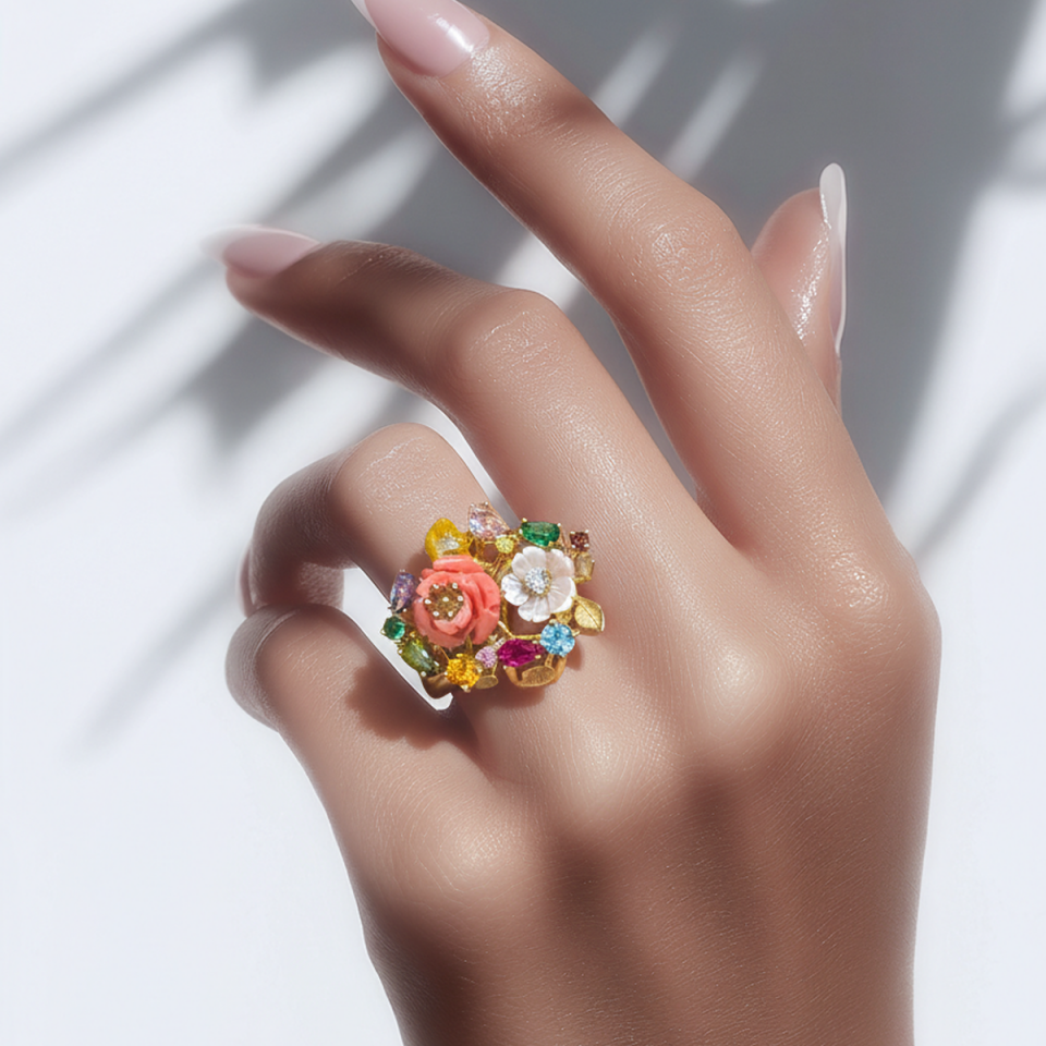 14 AYAR ÖZEL TASARIM İTALYAN ÇİÇEK MOTİFLİ KRİSTAL TAŞLARDAN OLUŞAN ALTIN YÜZÜK