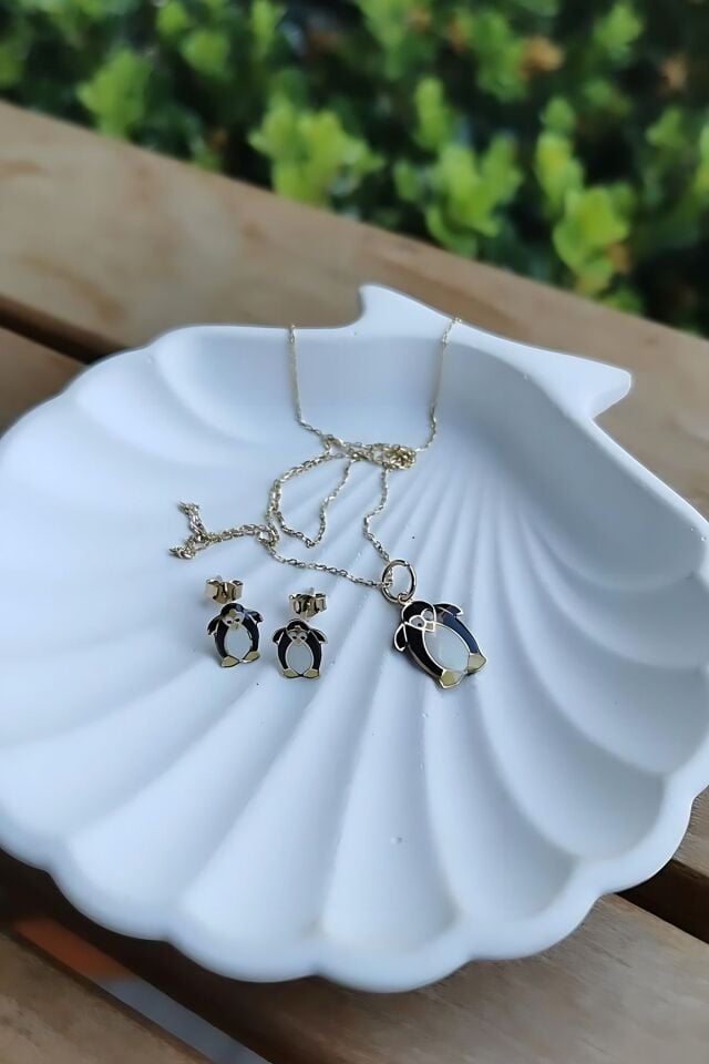 14 AYAR İTALYAN MİNELİ PENGUEN KÜPE VE KOLYE TAKIMI