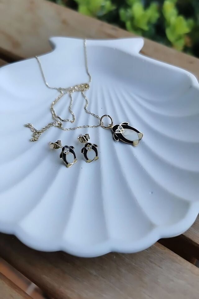 14 AYAR İTALYAN MİNELİ PENGUEN KÜPE VE KOLYE TAKIMI