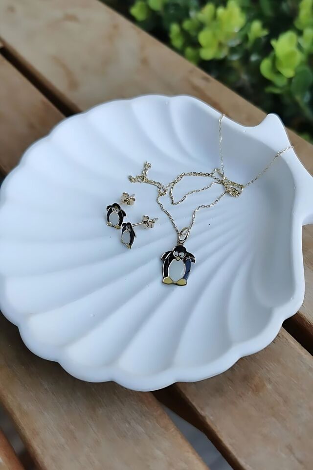 14 AYAR İTALYAN MİNELİ PENGUEN KÜPE VE KOLYE TAKIMI