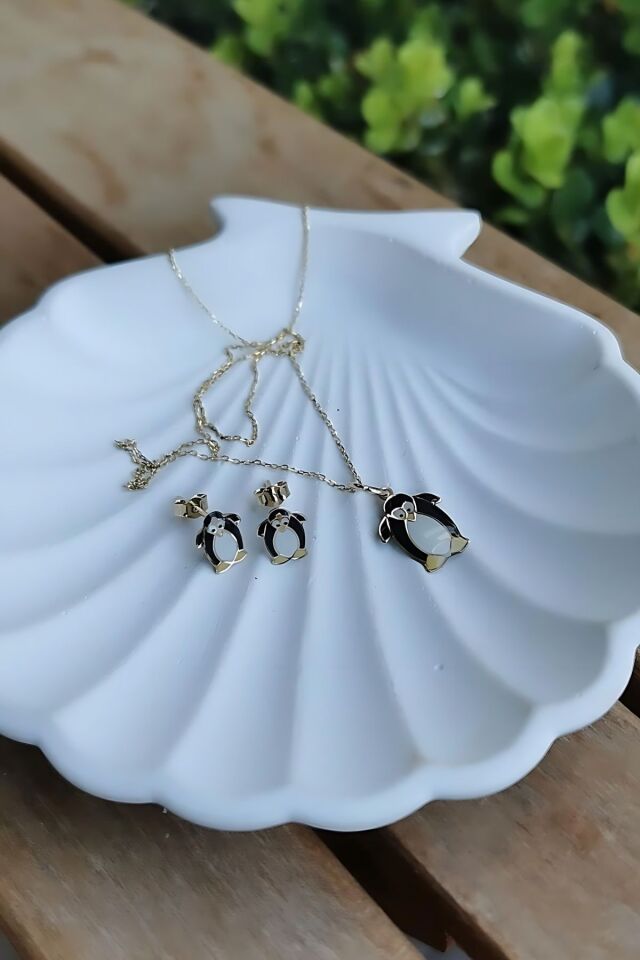14 AYAR İTALYAN MİNELİ PENGUEN KÜPE VE KOLYE TAKIMI