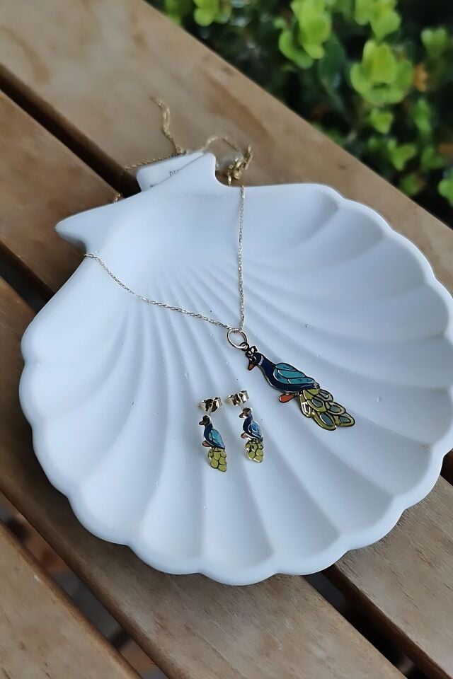 14 Ayar Italyan Mineli Tavuskuşu Küpe Ve Kolye Takımı