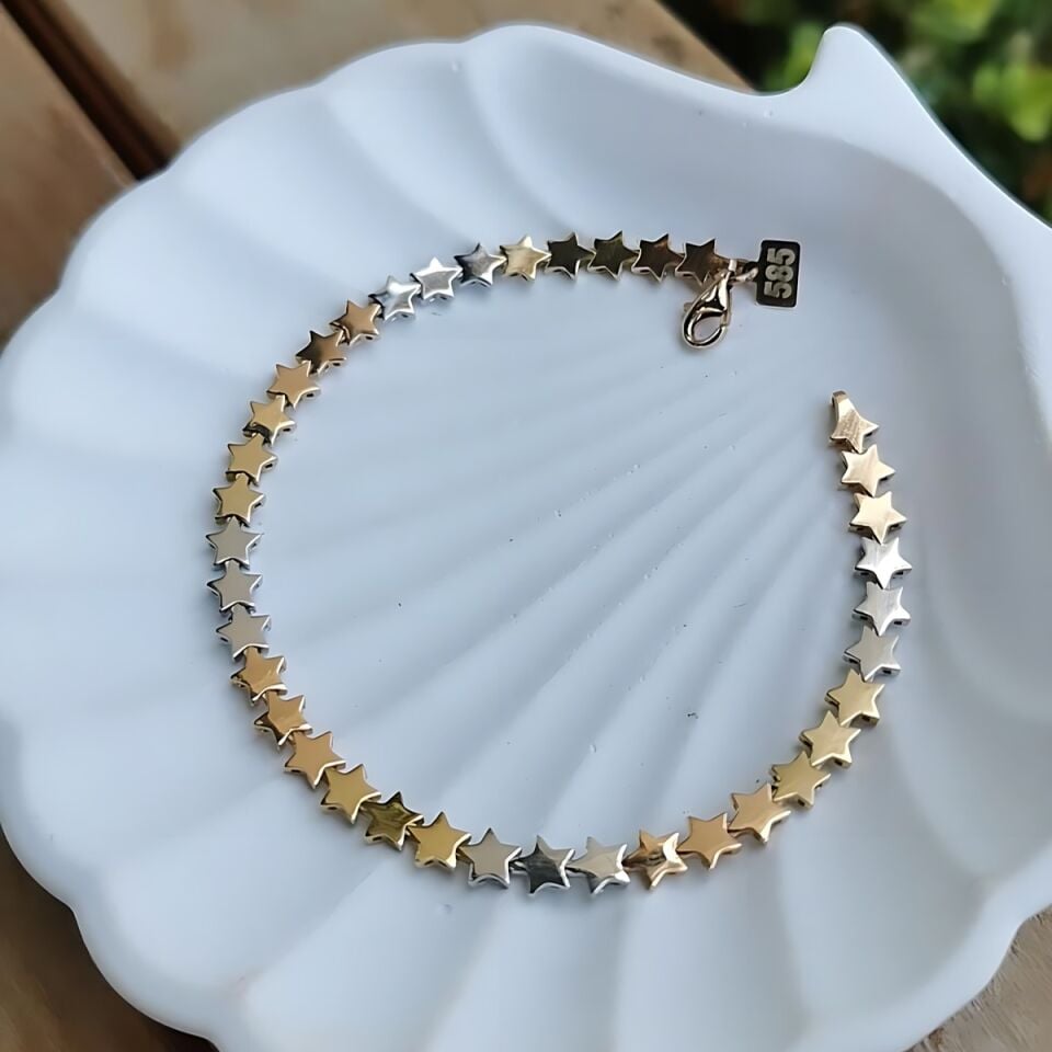 14 AYAR ÜÇ RENK YILDIZ SUYOLU ALTIN BİLEKLİK