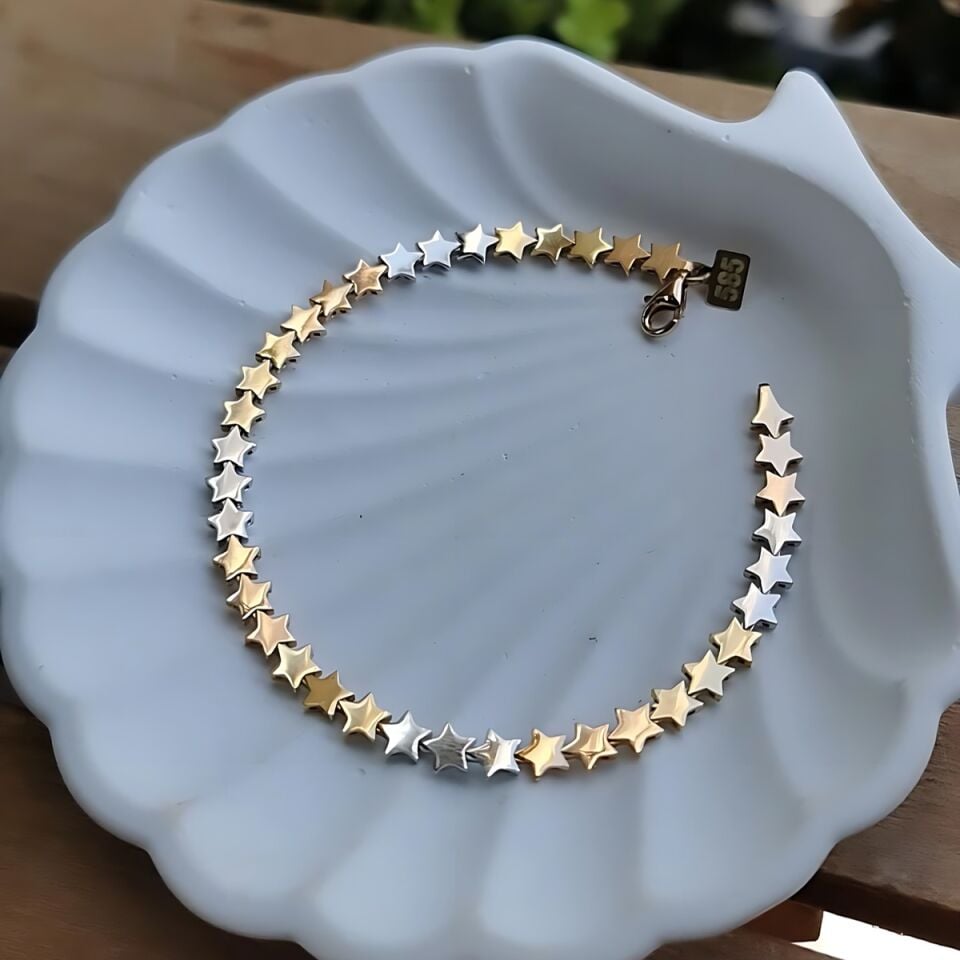 14 AYAR ÜÇ RENK YILDIZ SUYOLU ALTIN BİLEKLİK