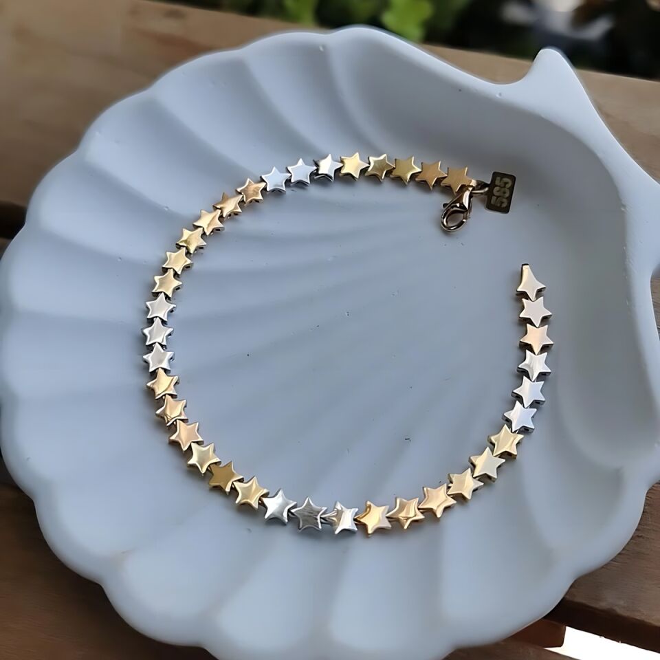 14 AYAR ÜÇ RENK YILDIZ SUYOLU ALTIN BİLEKLİK