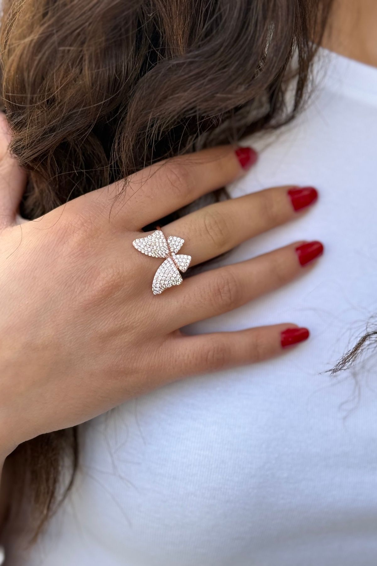 925 AYAR ROSE RENGİ TAŞLI KELEBEK GÜMÜŞ YÜZÜK