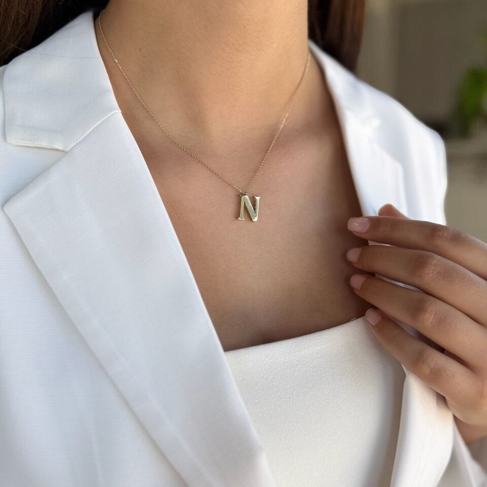 14 AYAR ÖZEL TASARIM N HARFİ ALTIN KOLYE