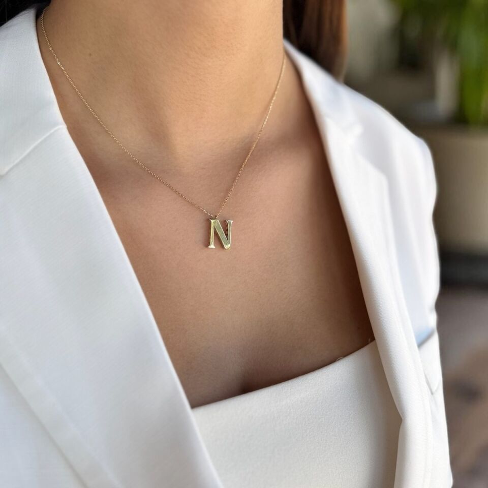 14 AYAR ÖZEL TASARIM N HARFİ ALTIN KOLYE