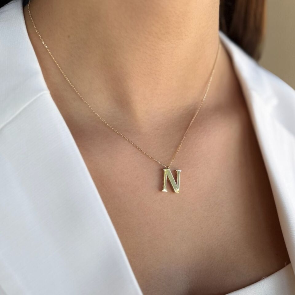 14 AYAR ÖZEL TASARIM N HARFİ ALTIN KOLYE