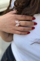 925 AYAR ROSE RENGİ TAŞLI KELEBEK GÜMÜŞ YÜZÜK 16