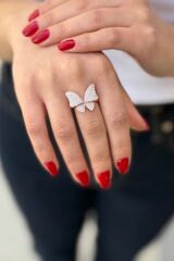 925 AYAR ROSE RENGİ TAŞLI KELEBEK GÜMÜŞ YÜZÜK 16