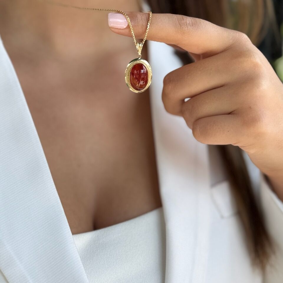 14 AYAR AKİK TAŞLI MADALYON KOLYE