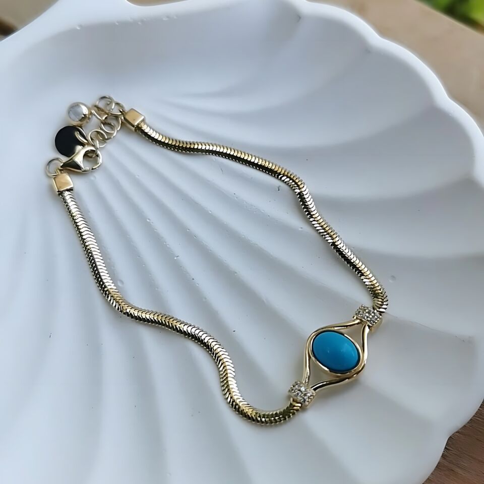 14 AYAR FİRUZE TAŞLI ÖZEL TASARIM ALTIN BİLEKLİK