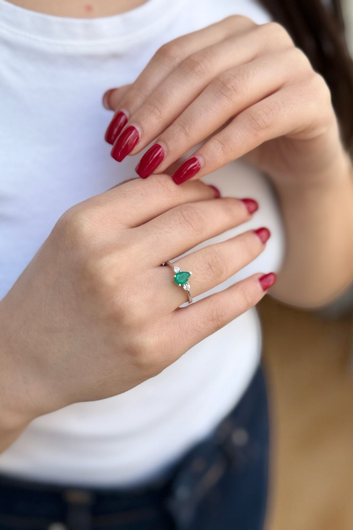 14 Ayar Damla Zümrüt Ve Pırlanta Taşlı Altın Yüzük 14