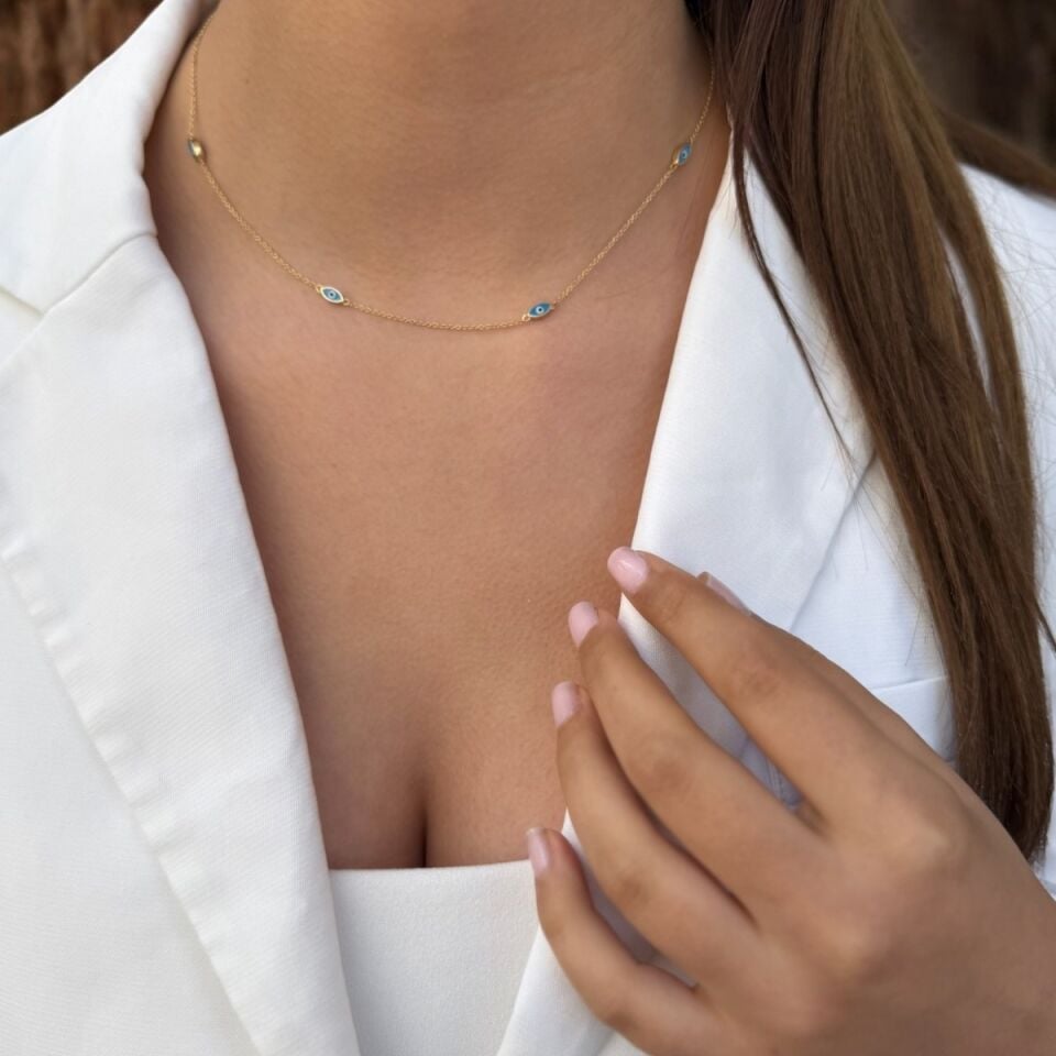 14 Ayar Açık Mavi Mineli Göz Altın Kolye