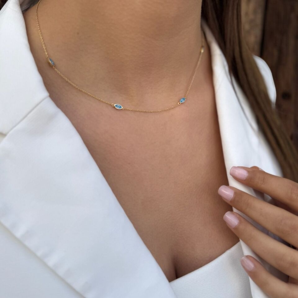 14 Ayar Açık Mavi Mineli Göz Altın Kolye