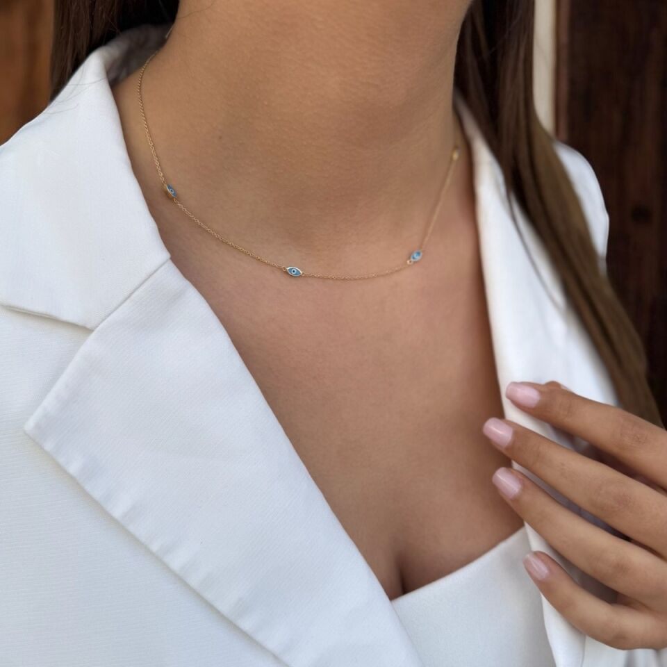 14 Ayar Açık Mavi Mineli Göz Altın Kolye