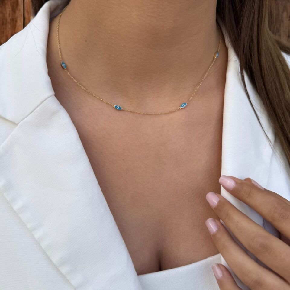 14 Ayar Açık Mavi Mineli Göz Altın Kolye