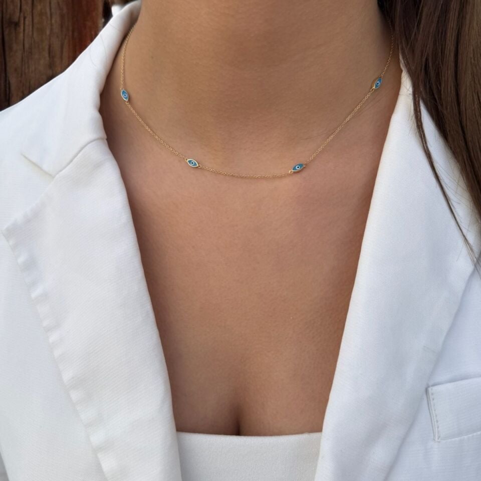 14 Ayar Açık Mavi Mineli Göz Altın Kolye