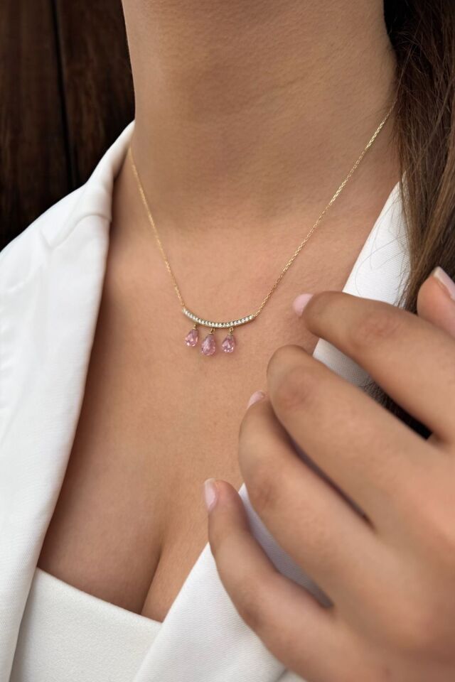 14 Ayar Kadın Pembe Kristal Taşlı Kolye