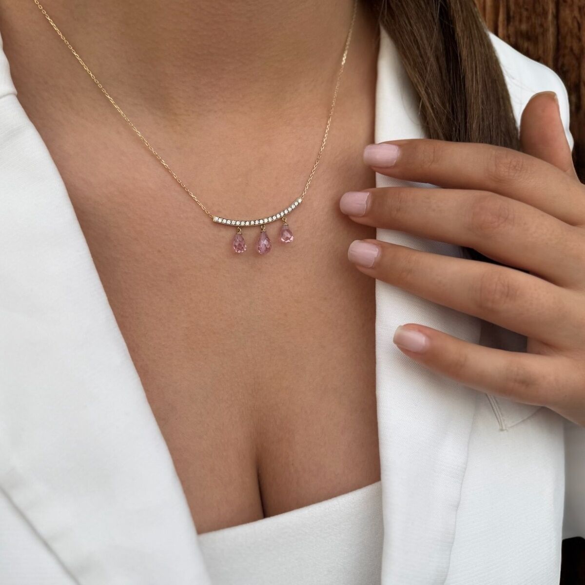 14 Ayar Kadın Pembe Kristal Taşlı Kolye