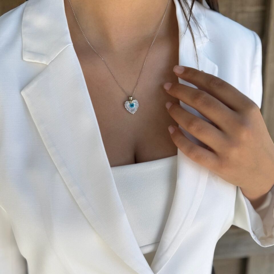 14 AYAR BEYAZ ALTIN ÖZEL TASARIM SEDEF NAZAR GÖZLÜ KALP ALTIN KOLYE