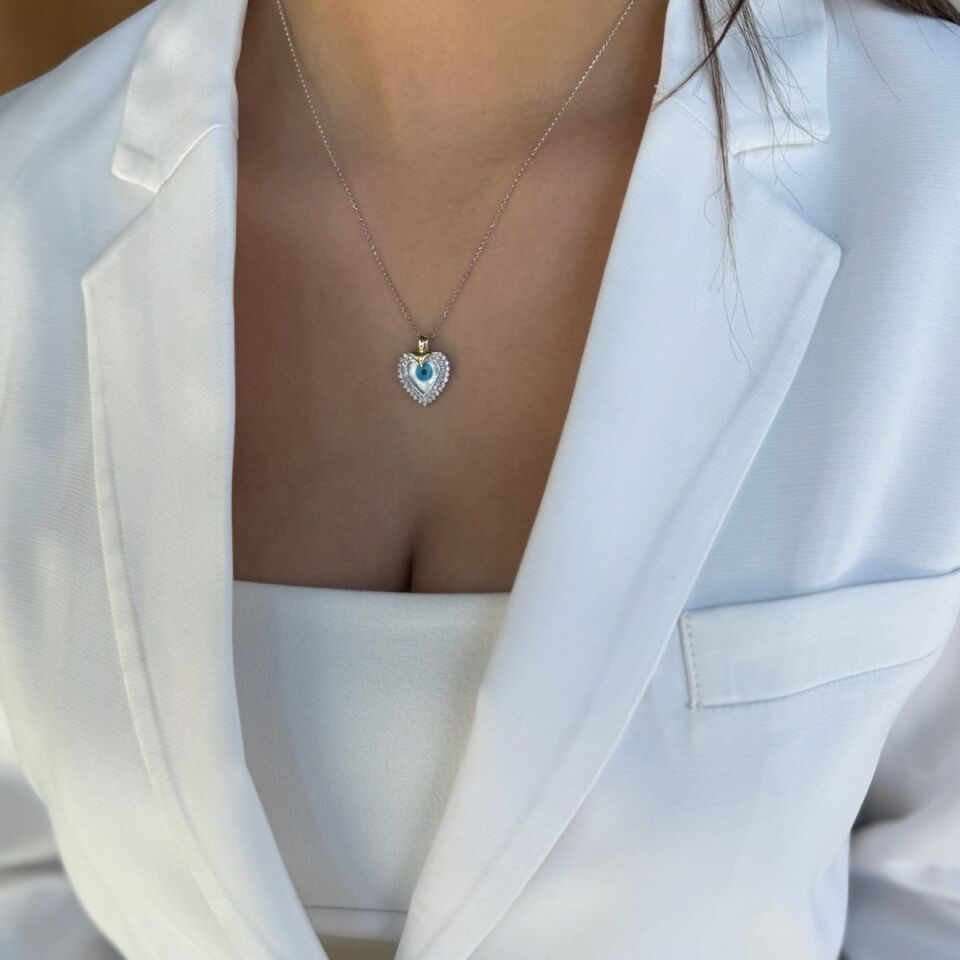 14 AYAR BEYAZ ALTIN ÖZEL TASARIM SEDEF NAZAR GÖZLÜ KALP ALTIN KOLYE