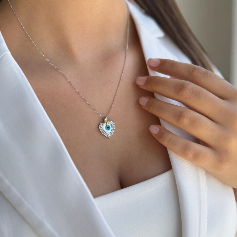 14 AYAR BEYAZ ALTIN ÖZEL TASARIM SEDEF NAZAR GÖZLÜ KALP ALTIN KOLYE