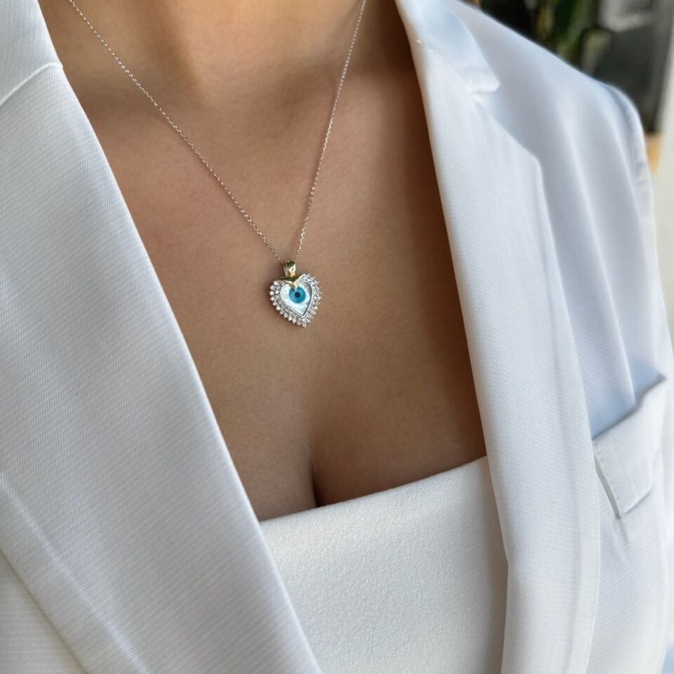 14 AYAR BEYAZ ALTIN ÖZEL TASARIM SEDEF NAZAR GÖZLÜ KALP ALTIN KOLYE