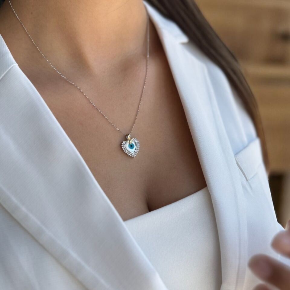 14 AYAR BEYAZ ALTIN ÖZEL TASARIM SEDEF NAZAR GÖZLÜ KALP ALTIN KOLYE