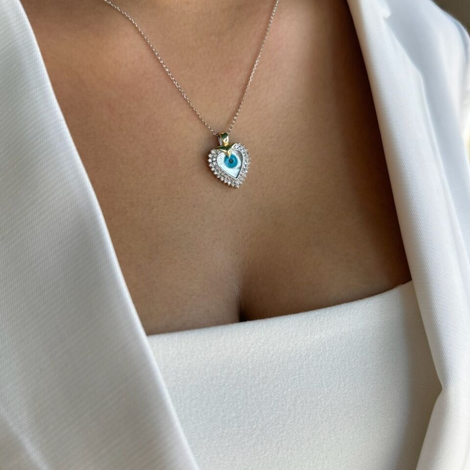 14 AYAR BEYAZ ALTIN ÖZEL TASARIM SEDEF NAZAR GÖZLÜ KALP ALTIN KOLYE