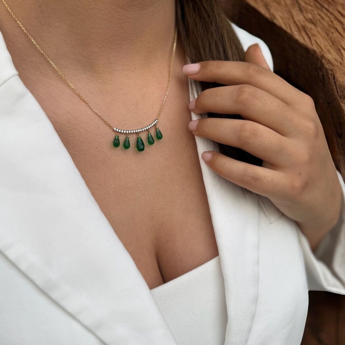 14 Ayar Kristal Yeşil Taşlı Kolye