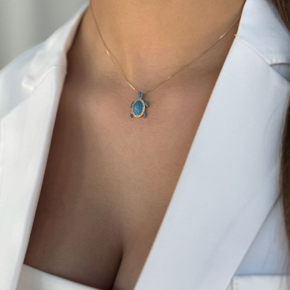 14 AYAR FİRUZE TAŞLI KAPLUMBAĞA ALTIN KOLYE