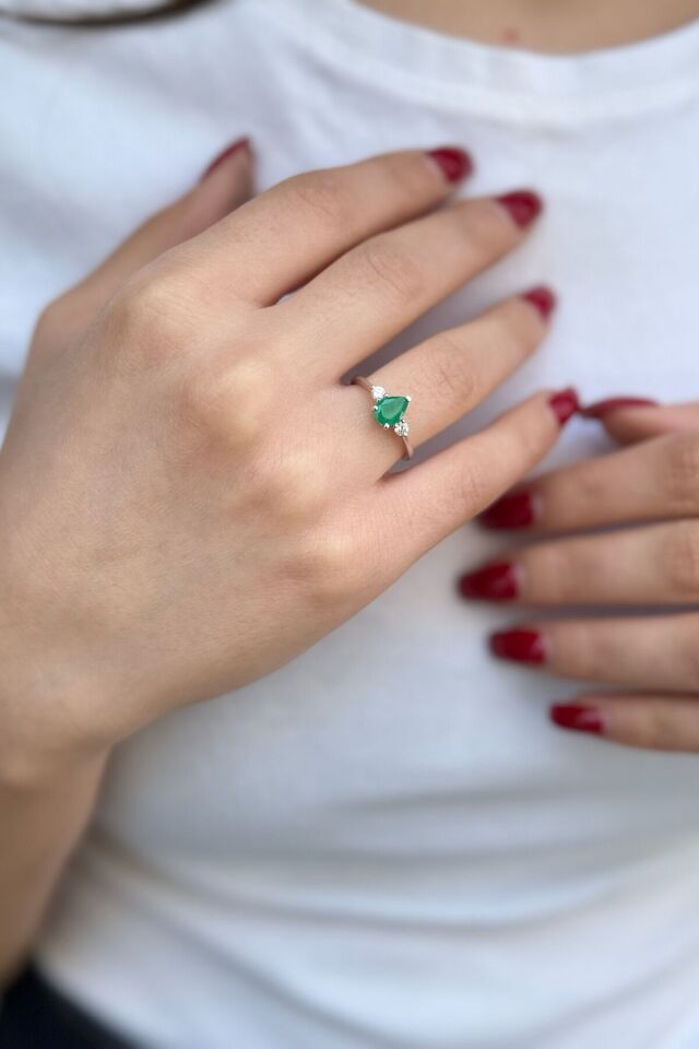 14 Ayar Damla Zümrüt Ve Pırlanta Taşlı Altın Yüzük 19