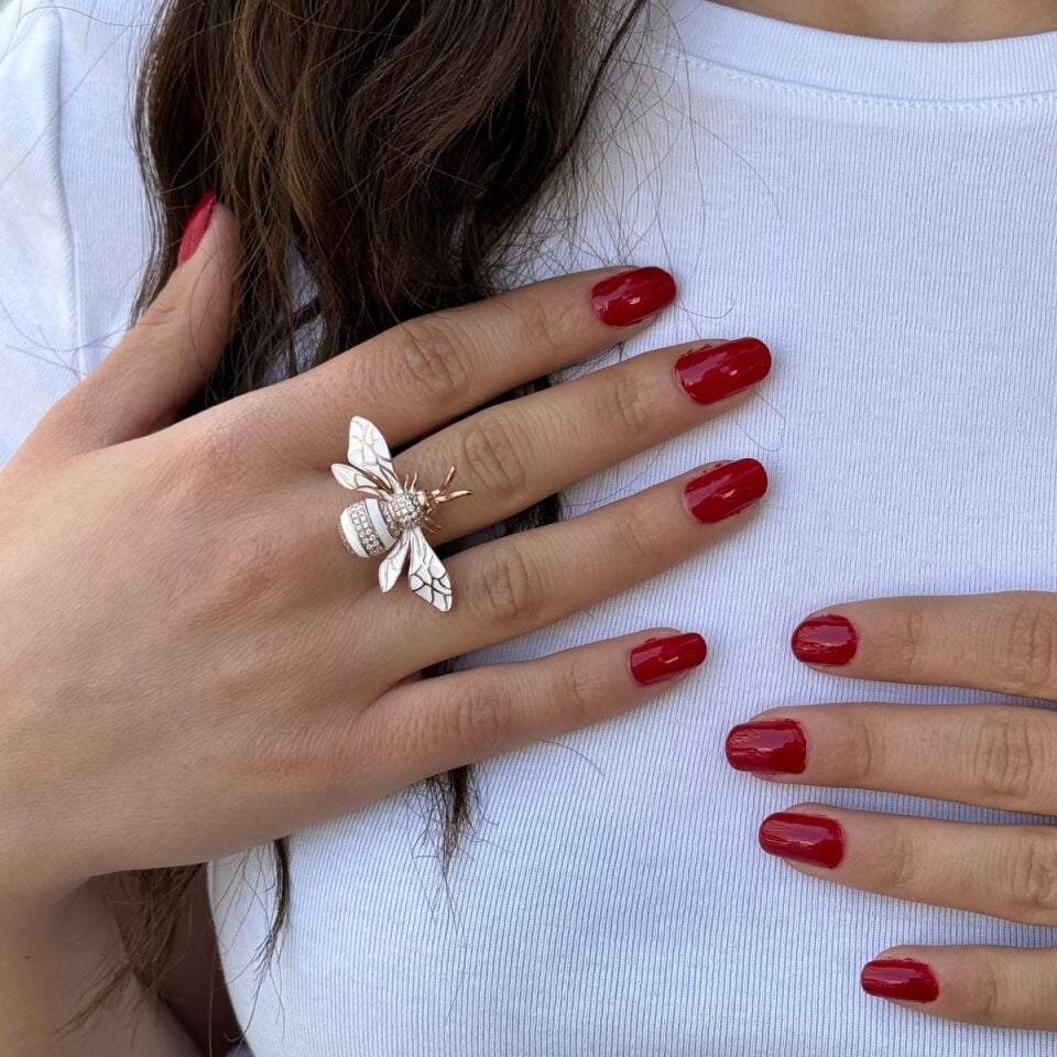 925 AYAR ROSE RENGİ BEYAZ MİNELİ ARI GÜMÜŞ YÜZÜK