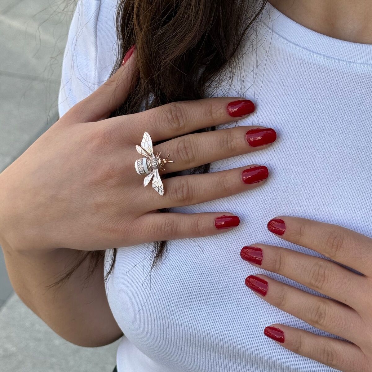 925 AYAR ROSE RENGİ BEYAZ MİNELİ ARI GÜMÜŞ YÜZÜK