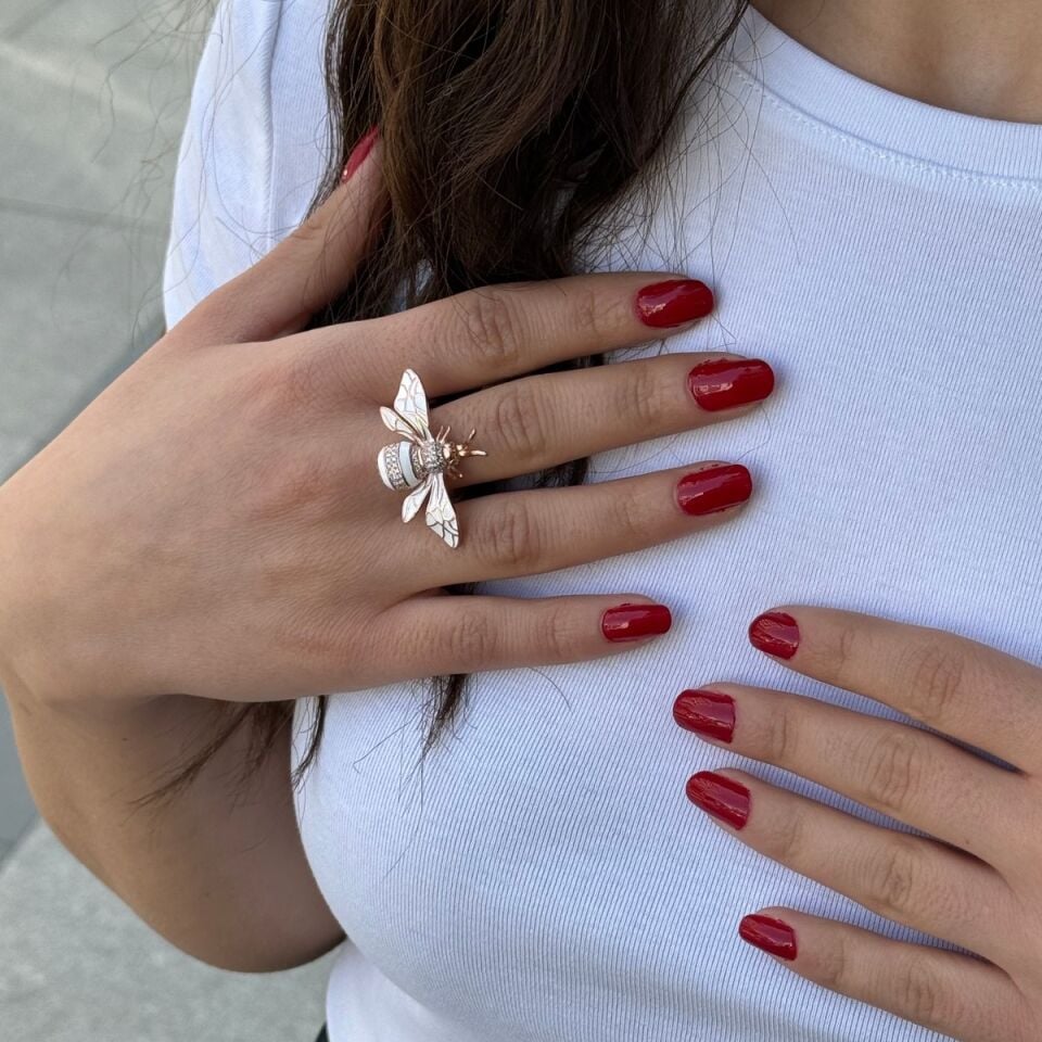 925 AYAR ROSE RENGİ BEYAZ MİNELİ ARI GÜMÜŞ YÜZÜK