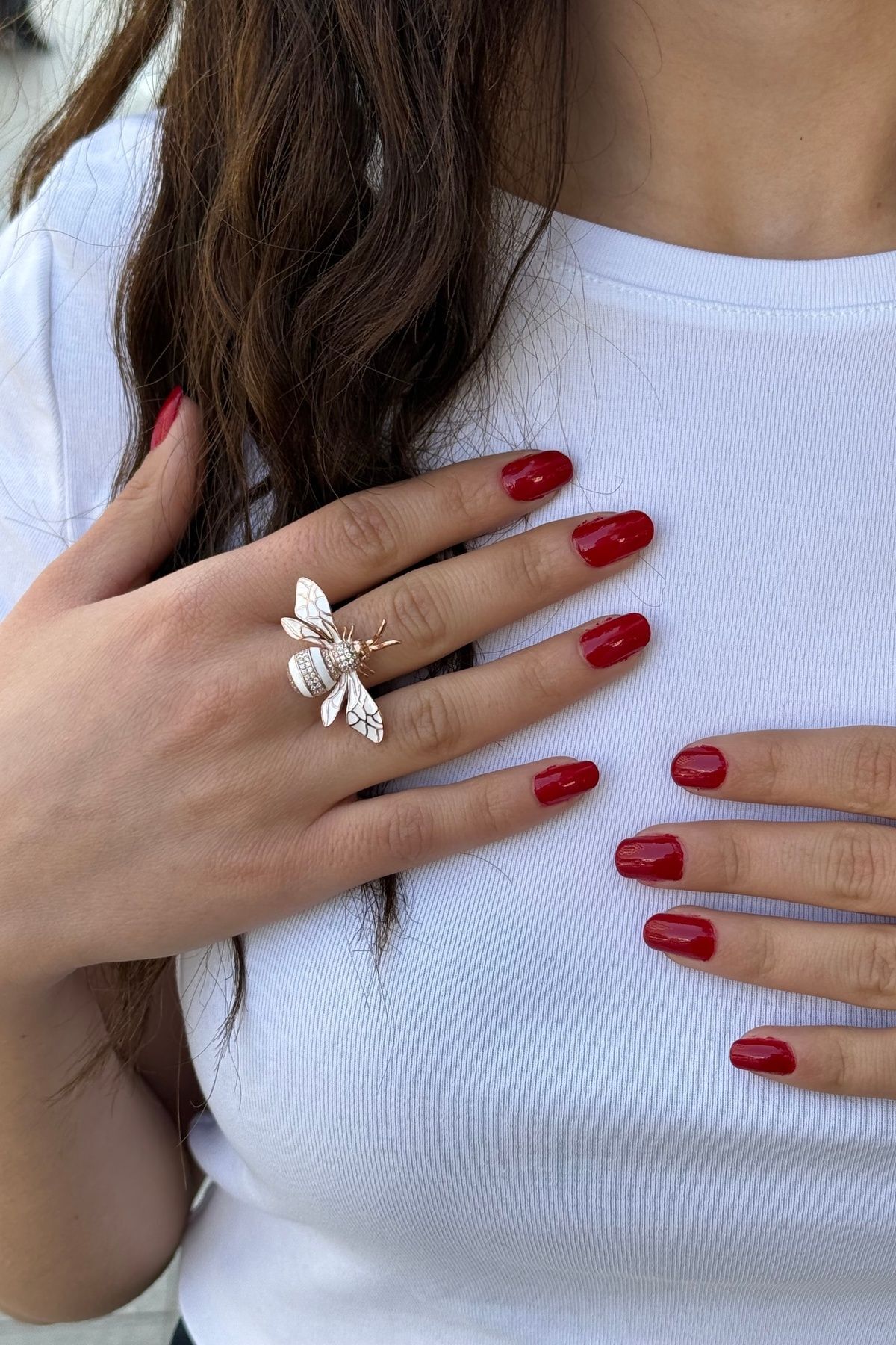 925 AYAR ROSE RENGİ BEYAZ MİNELİ ARI GÜMÜŞ YÜZÜK 18