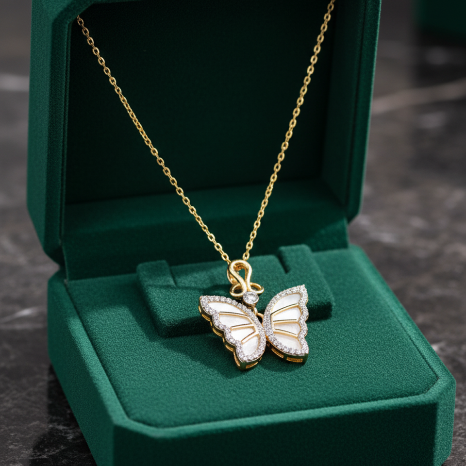 14 AYAR ÖZEL TASARIM SEDEF TAŞLI 3D KELEBEK KOLYE