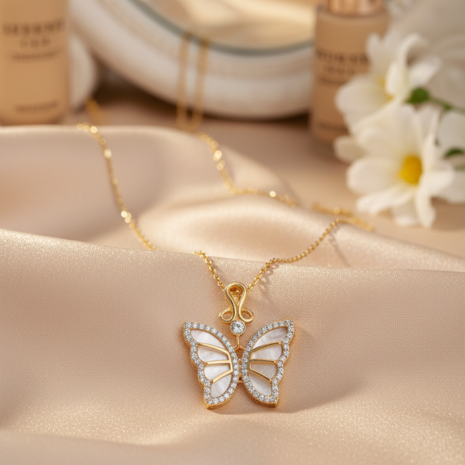 14 AYAR ÖZEL TASARIM SEDEF TAŞLI 3D KELEBEK KOLYE