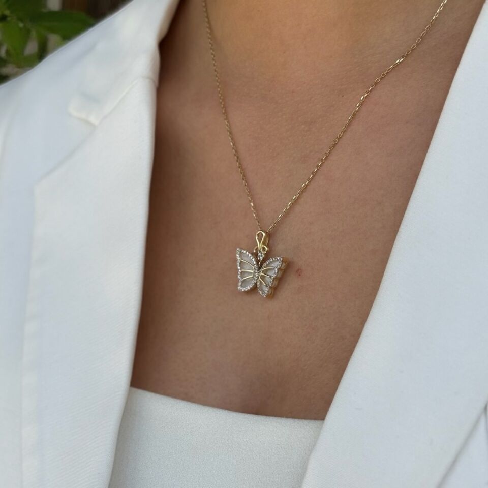 14 AYAR ÖZEL TASARIM SEDEF TAŞLI 3D KELEBEK KOLYE