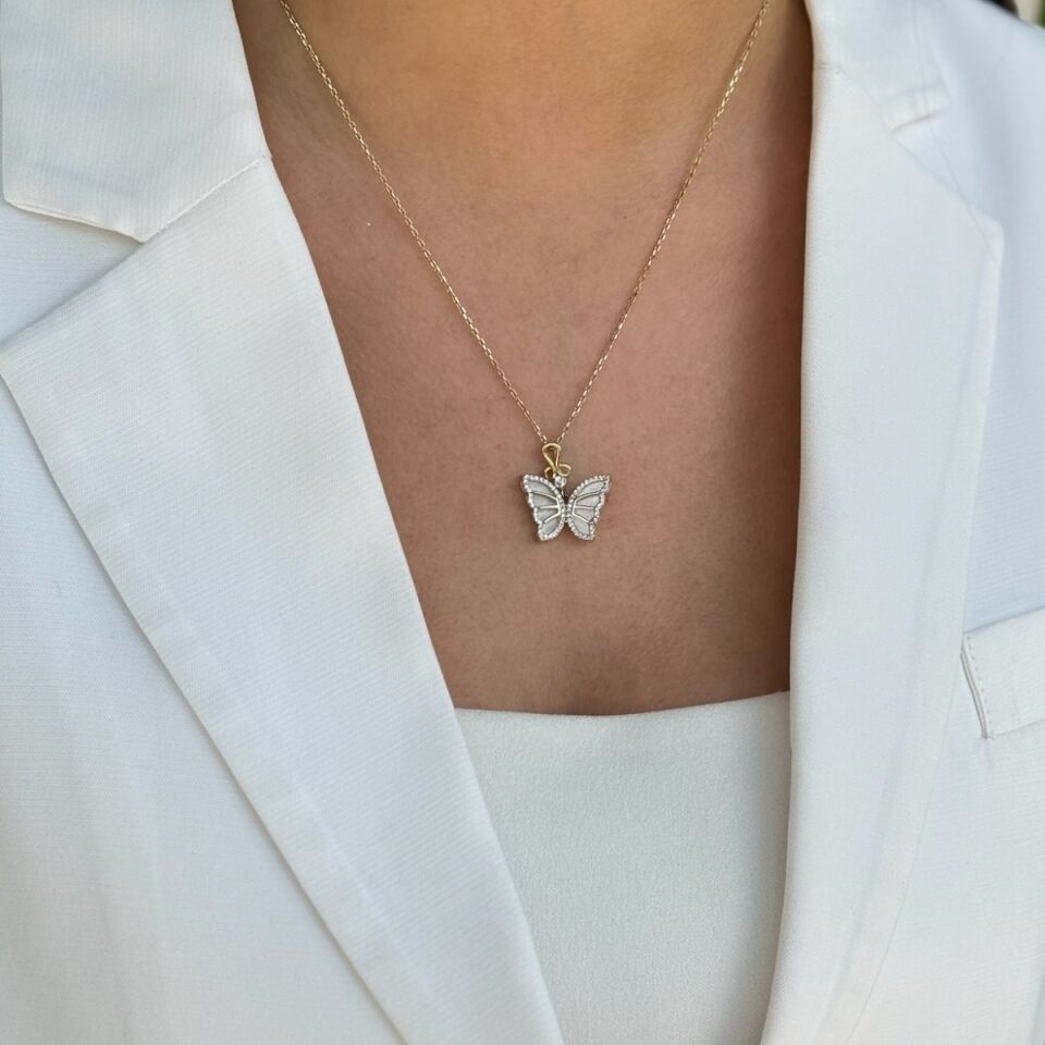 14 AYAR ÖZEL TASARIM SEDEF TAŞLI 3D KELEBEK KOLYE