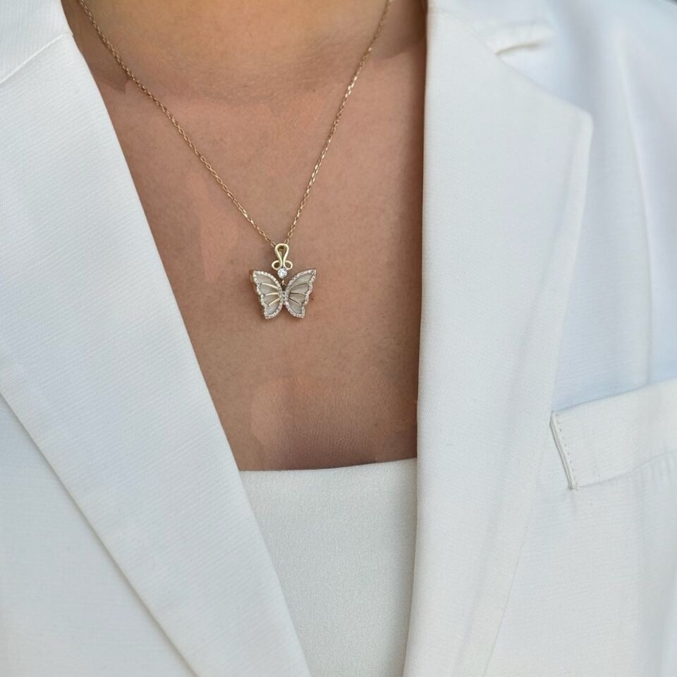 14 AYAR ÖZEL TASARIM SEDEF TAŞLI 3D KELEBEK KOLYE